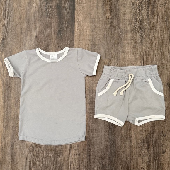 Sova Other - Soft Gray Kids Tee and Shorts Set with White Trim